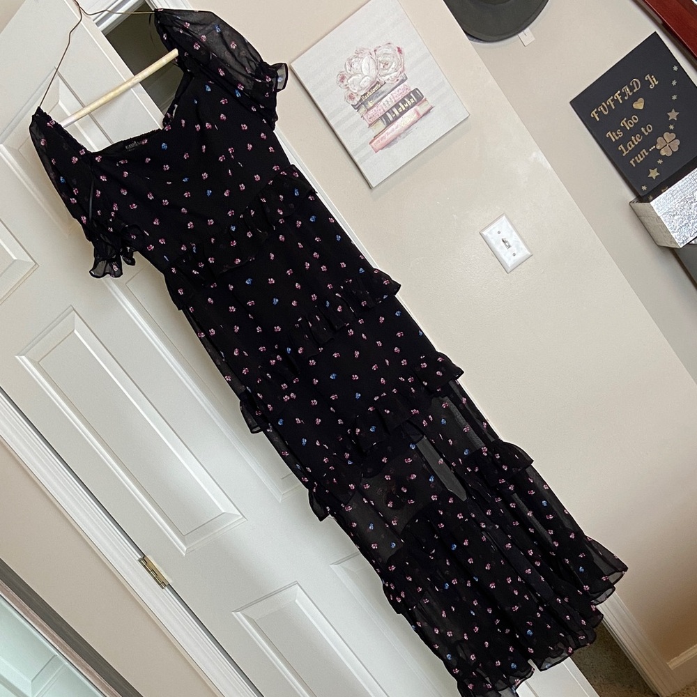 Wayf Black Maxi Dress with Pink Floral Accents